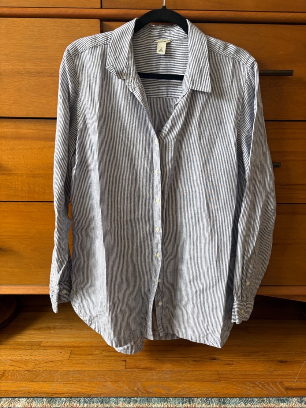 L.L. Bean Women’s Navy and White Pinstripe Linen Button-Down Shirt